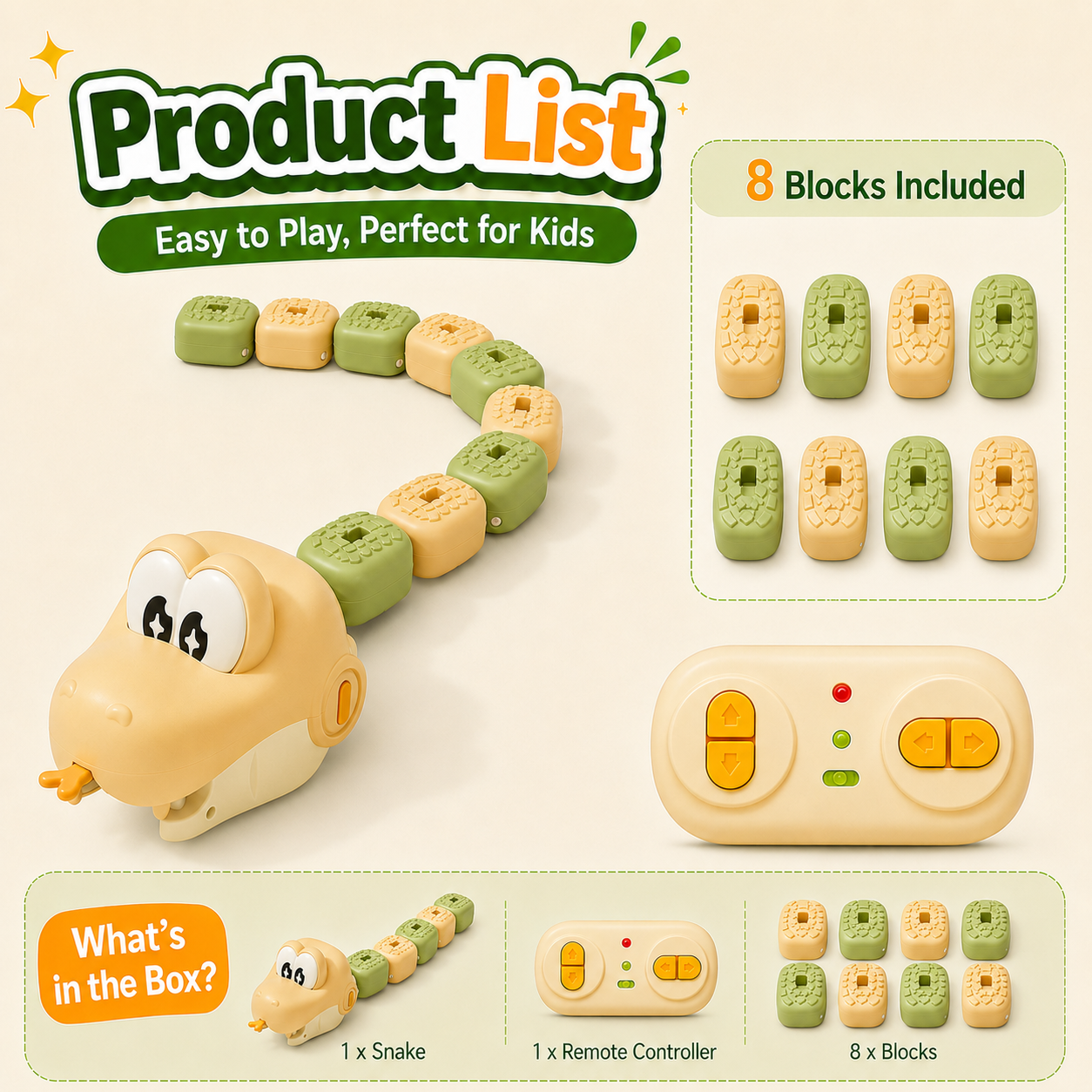 🐍Remote Control Snake Block‑Collecting Game, RC Snake Interactive Toy, Fun Block‑Stacking Collecting Game Toy for Kids & Family Party