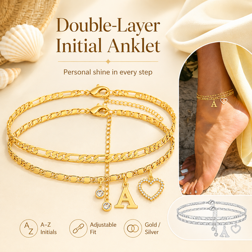🎁 14k-Gold Plated-Double-Layer 26-Letter-Tone Chain Heart-Shaped Anklet with a  heart-shaped  pendant