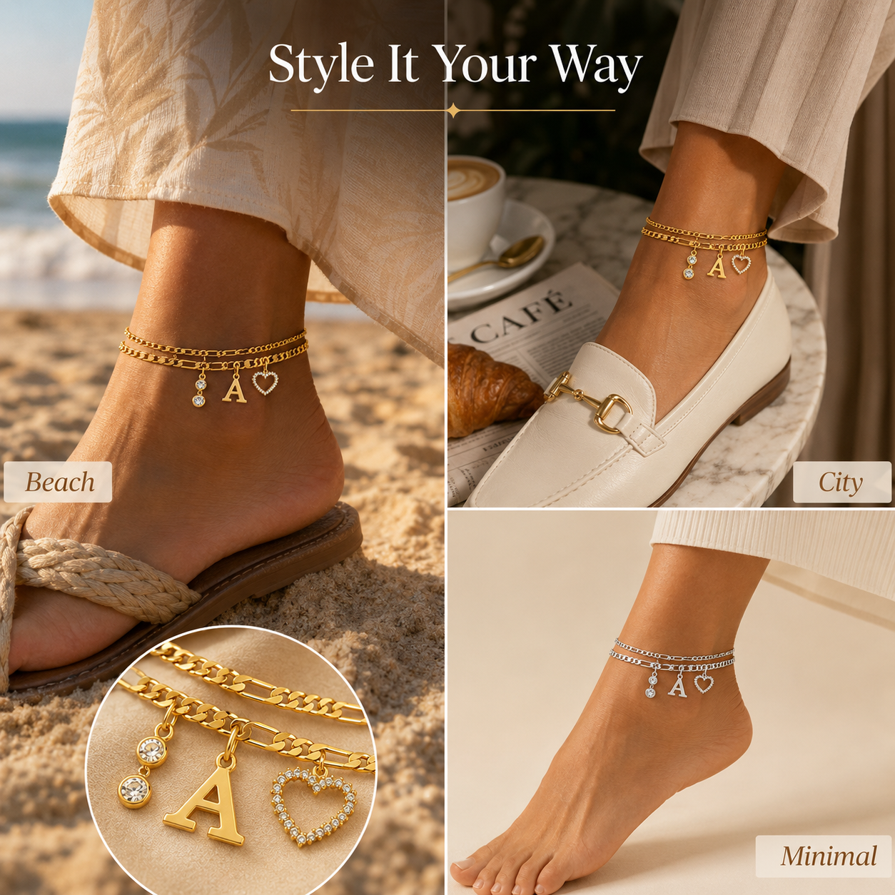 🎁 14k-Gold Plated-Double-Layer 26-Letter-Tone Chain Heart-Shaped Anklet with a  heart-shaped  pendant