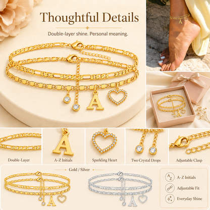 🎁 14k-Gold Plated-Double-Layer 26-Letter-Tone Chain Heart-Shaped Anklet with a  heart-shaped  pendant