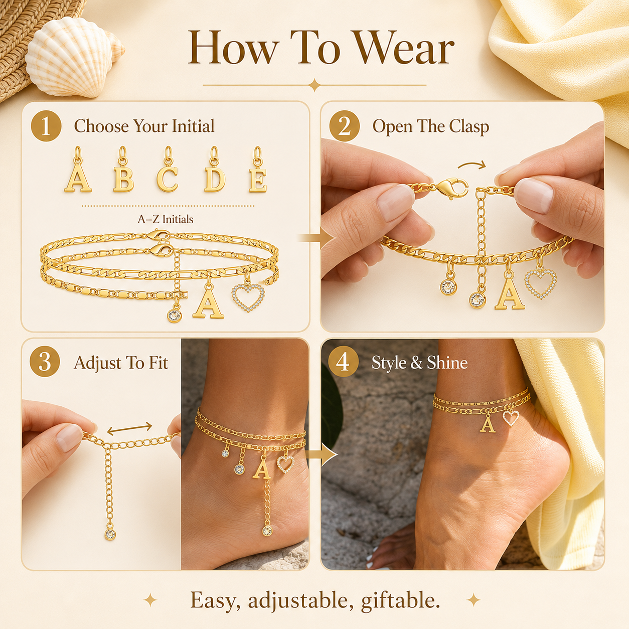 🎁 14k-Gold Plated-Double-Layer 26-Letter-Tone Chain Heart-Shaped Anklet with a  heart-shaped  pendant