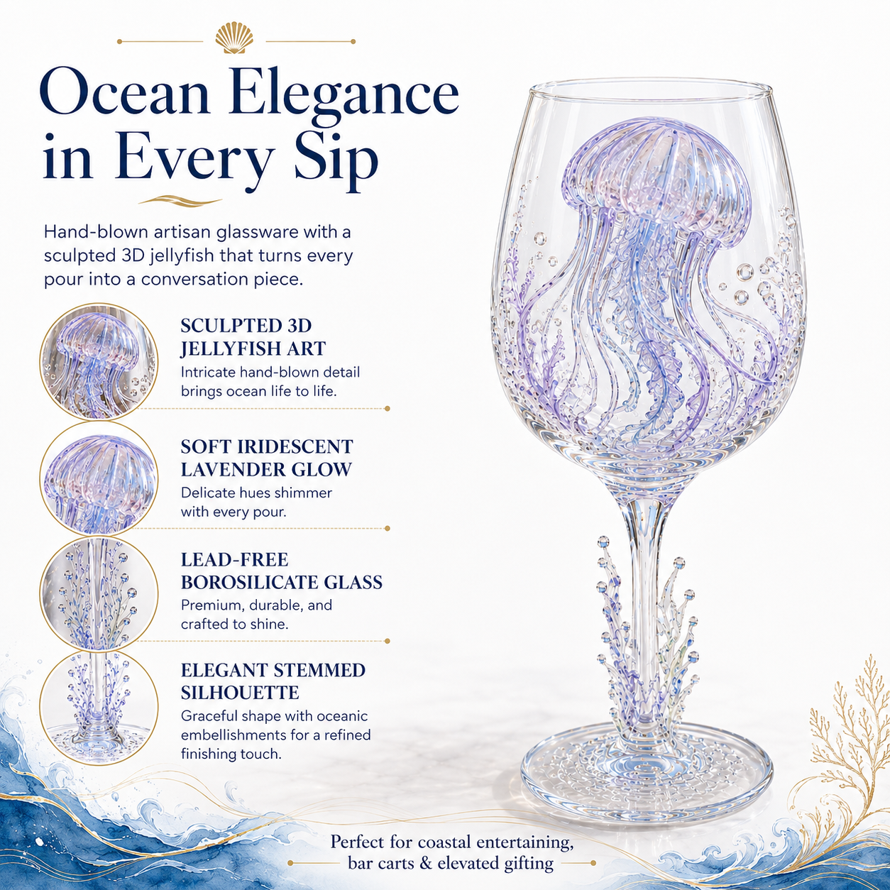 🌊Ocean Treasures Handcrafted 3D Sea Life Wine Glass Collection