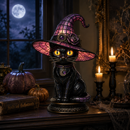 🔥Exclusive Limited Item 👍🔥50%OFF🐈 Gothic Stained Glass Witch Black Cat Table Lamp | Halloween Witch Hat Night Light Decor