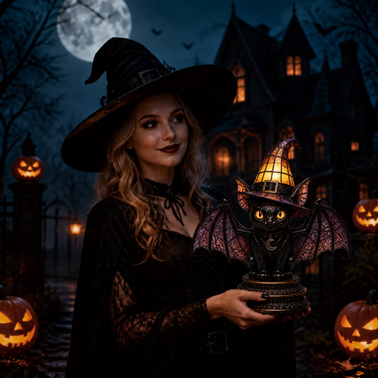 🔥Exclusive Limited Item 👍🔥50%OFF🐈 Gothic Stained Glass Witch Black Cat Table Lamp | Halloween Witch Hat Night Light Decor