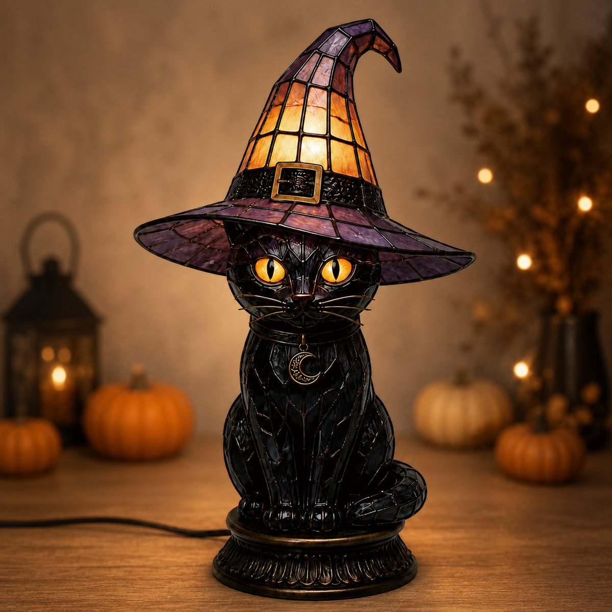 🔥Exclusive Limited Item 👍🔥50%OFF🐈 Gothic Stained Acrylic Witch Black Cat Table Lamp | Halloween Witch Hat Night Light Decor