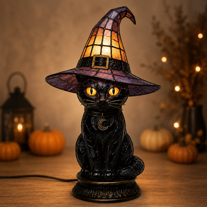 🔥Exclusive Limited Item 👍🔥50%OFF🐈 Gothic Stained Acrylic Witch Black Cat Table Lamp | Halloween Witch Hat Night Light Decor