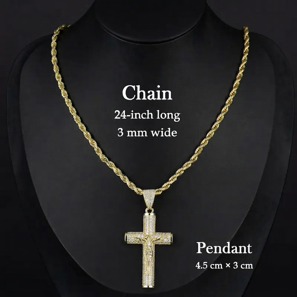 ✨ Gold-Plated Cuban Figaro Cross Necklace – 24' Miami Crucifix, Handcrafted Polished, Perfect Father's Day Gift