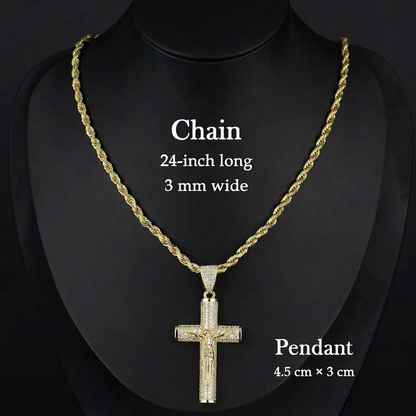 ✨ Gold-Plated Cuban Figaro Cross Necklace – 24' Miami Crucifix, Handcrafted Polished, Perfect Father's Day Gift