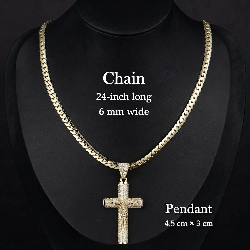 ✨ Gold-Plated Cuban Figaro Cross Necklace – 24' Miami Crucifix, Handcrafted Polished, Perfect Father's Day Gift
