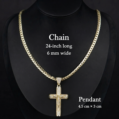 ✨ Gold-Plated Cuban Figaro Cross Necklace – 24' Miami Crucifix, Handcrafted Polished, Perfect Father's Day Gift