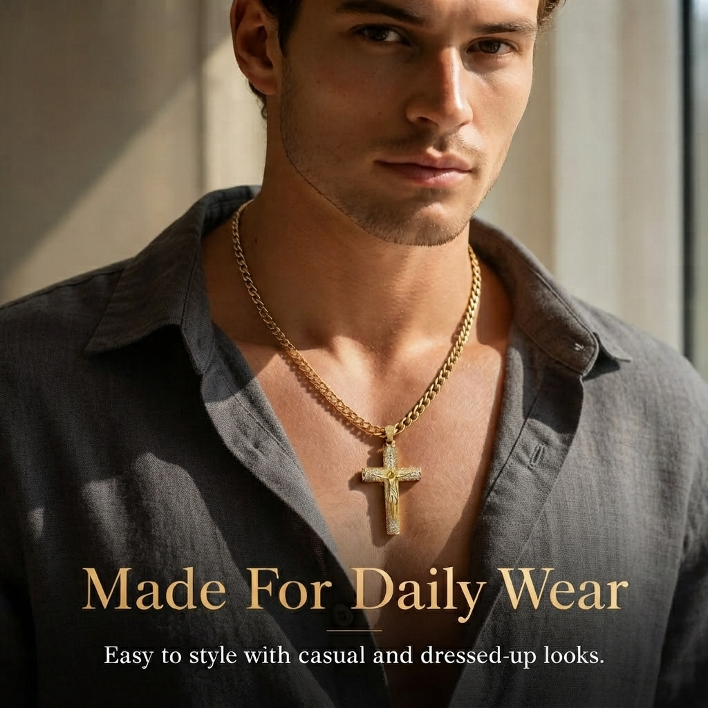 ✨ Gold-Plated Cuban Figaro Cross Necklace – 24' Miami Crucifix, Handcrafted Polished, Perfect Father's Day Gift