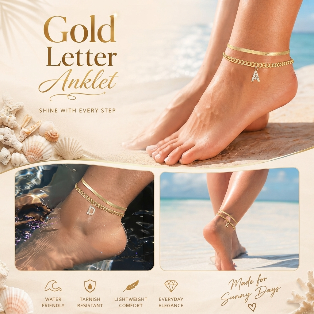 ✨ Gold Initial Anklet – 14K Gold Plated, Waterproof Adjustable Letter Pendant, Stackable Beach  Jewelry
