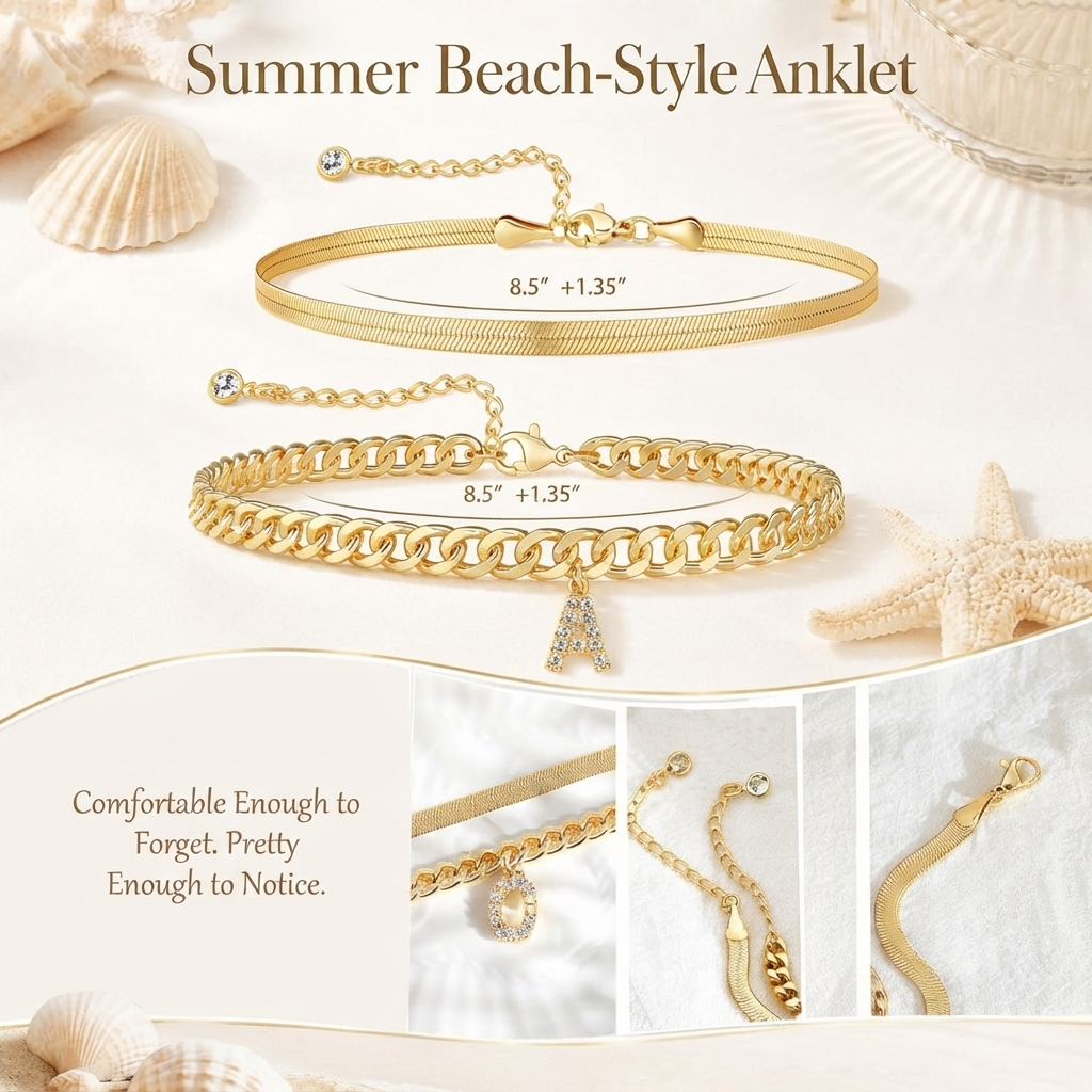 ✨ Gold Initial Anklet – 14K Gold Plated, Waterproof Adjustable Letter Pendant, Stackable Beach  Jewelry