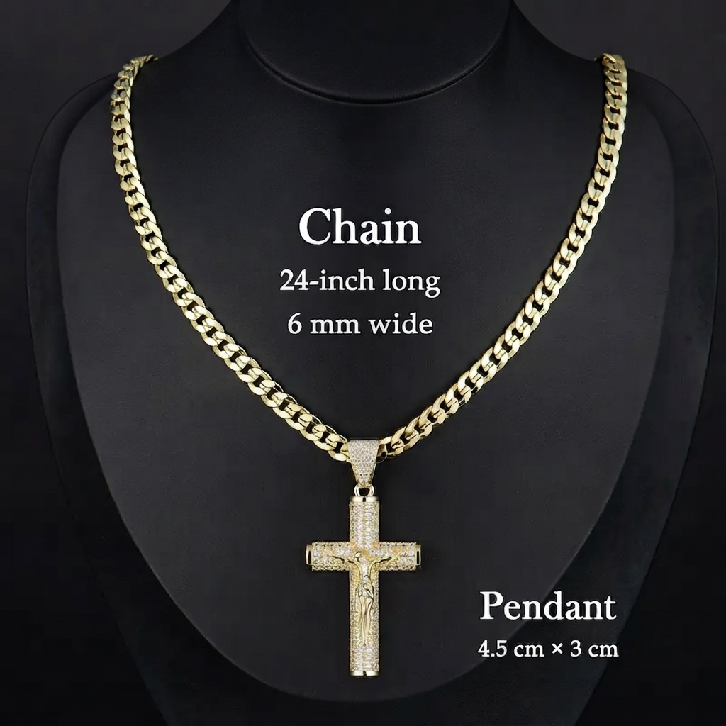 ✨ Gold-Plated Cuban Figaro Cross Necklace – 24' Miami Crucifix, Handcrafted Polished, Perfect Father's Day Gift