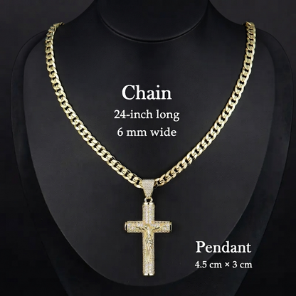✨ Gold-Plated Cuban Figaro Cross Necklace – 24' Miami Crucifix, Handcrafted Polished, Perfect Father's Day Gift