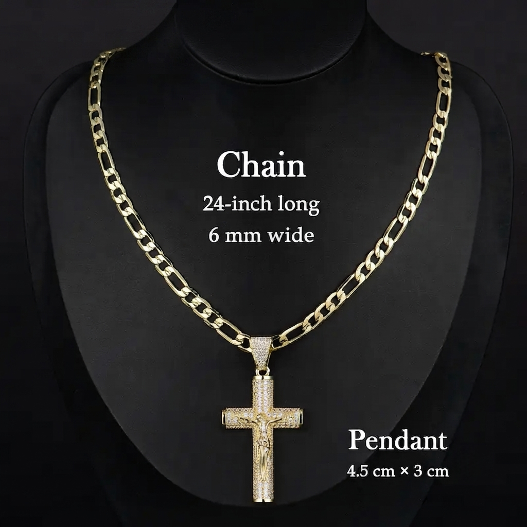 ✨ Gold-Plated Cuban Figaro Cross Necklace – 24' Miami Crucifix, Handcrafted Polished, Perfect Father's Day Gift