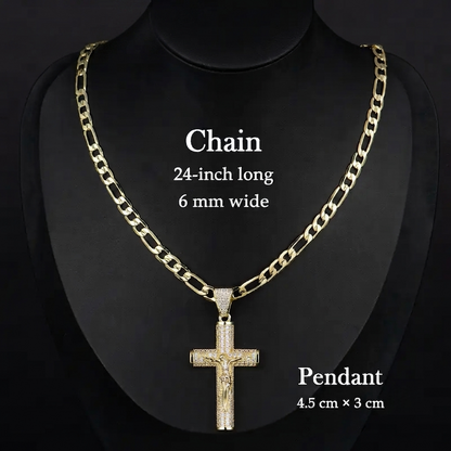 ✨ Gold-Plated Cuban Figaro Cross Necklace – 24' Miami Crucifix, Handcrafted Polished, Perfect Father's Day Gift