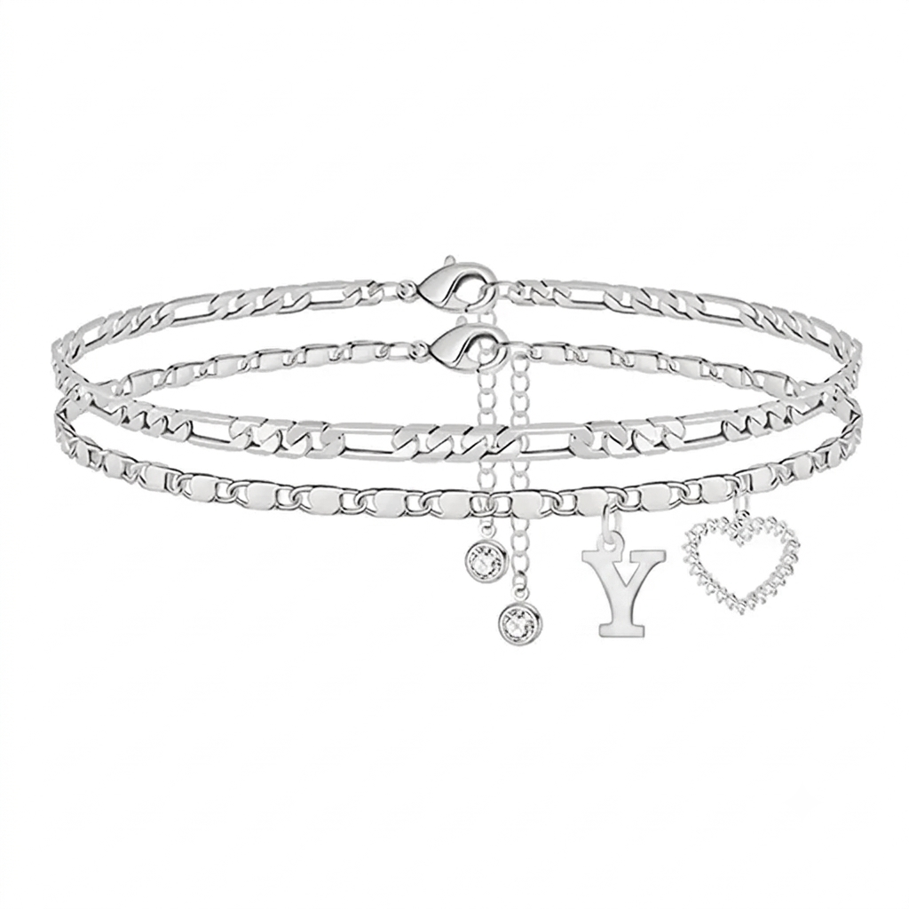 🎁 14k-Gold Plated-Double-Layer 26-Letter-Tone Chain Heart-Shaped Anklet with a  heart-shaped  pendant