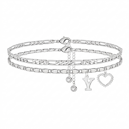 🎁 14k-Gold Plated-Double-Layer 26-Letter-Tone Chain Heart-Shaped Anklet with a  heart-shaped  pendant