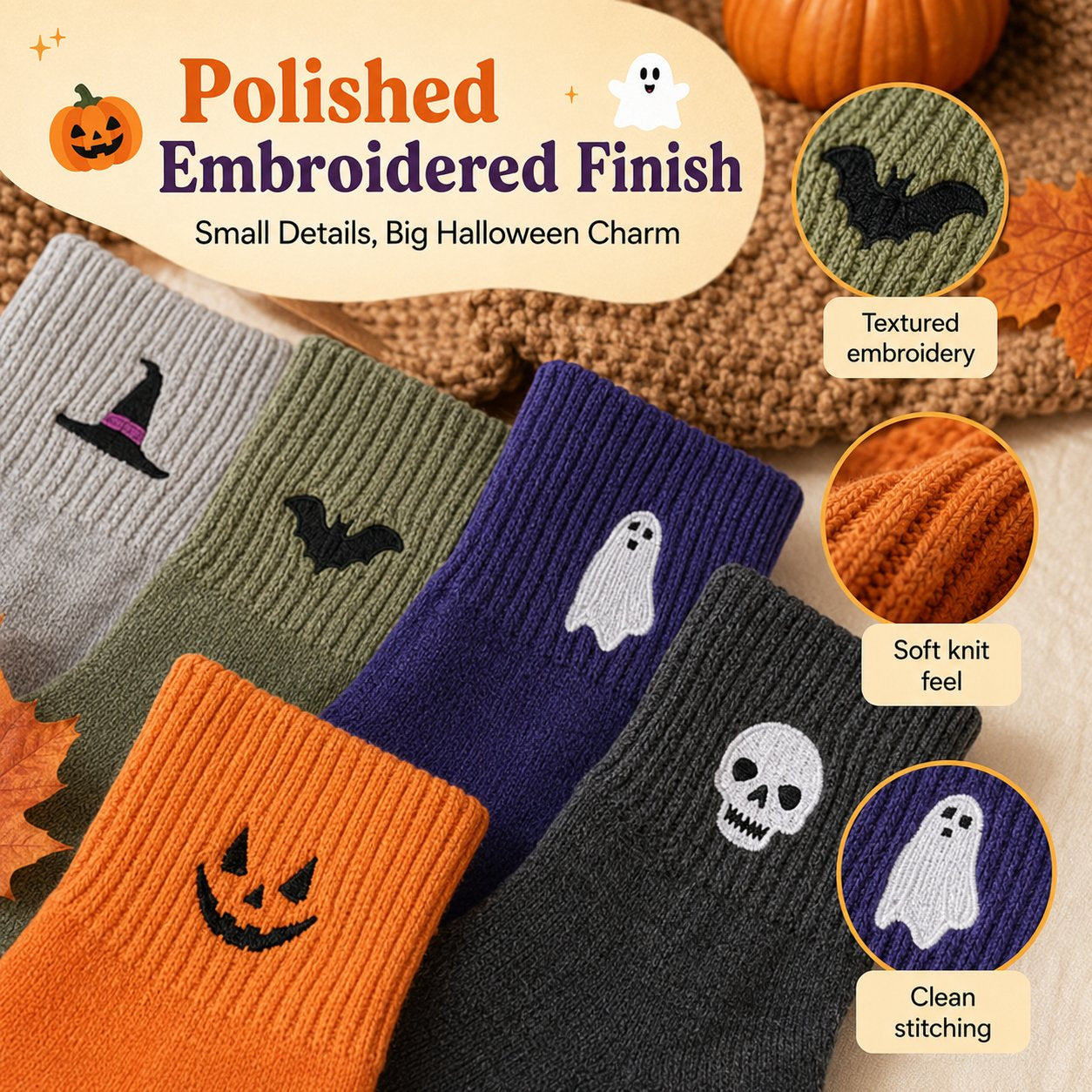 Halloween Embroidered Crew  Socks