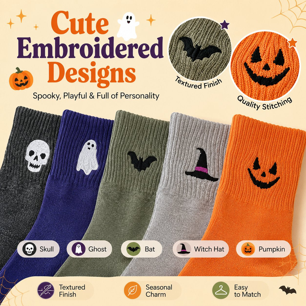 Halloween Embroidered Crew  Socks