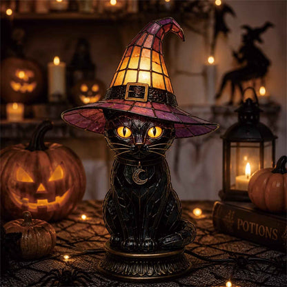 🔥Exclusive Limited Item 👍🔥50%OFF🐈 Gothic Stained Acrylic Witch Black Cat Table Lamp | Halloween Witch Hat Night Light Decor