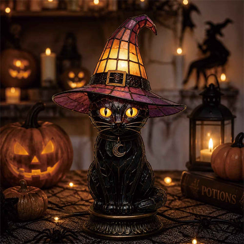 🔥Exclusive Limited Item 👍🔥50%OFF🐈 Gothic Stained Acrylic Witch Black Cat Table Lamp | Halloween Witch Hat Night Light Decor