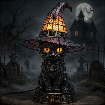 🔥Exclusive Limited Item 👍🔥50%OFF🐈 Gothic Stained Acrylic Witch Black Cat Table Lamp | Halloween Witch Hat Night Light Decor