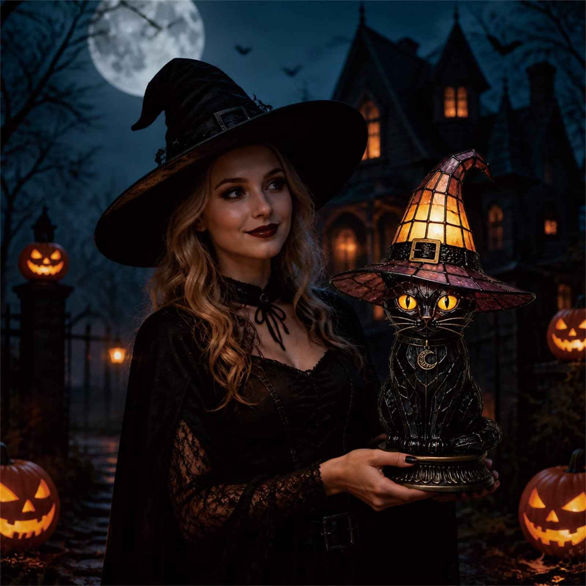 🔥Exclusive Limited Item 👍🔥50%OFF🐈 Gothic Stained Acrylic Witch Black Cat Table Lamp | Halloween Witch Hat Night Light Decor