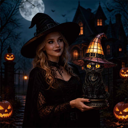 🔥Exclusive Limited Item 👍🔥50%OFF🐈 Gothic Stained Acrylic Witch Black Cat Table Lamp | Halloween Witch Hat Night Light Decor