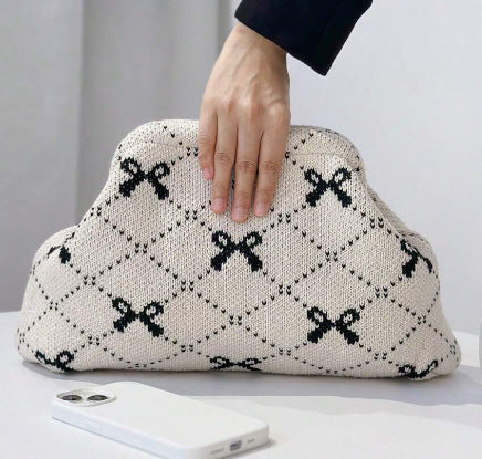 Women's Striped & Diamond Dot Cloud Crossbody Bag, Clip‑Top Closure Casual Handbag for Daily Use