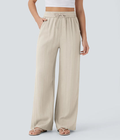 Women Summer High Waisted Drawstring Pocket Wide Leg Casual Linen-Feel Pants