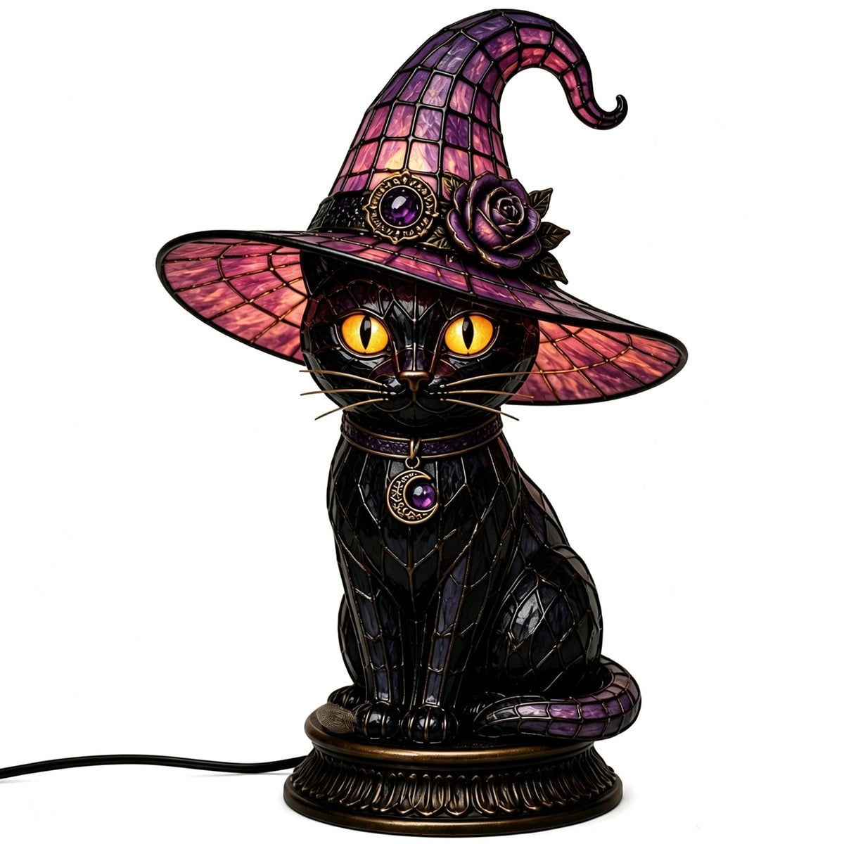 🔥Exclusive Limited Item 👍🔥50%OFF🐈 Gothic Stained Acrylic Witch Black Cat Table Lamp | Halloween Witch Hat Night Light Decor