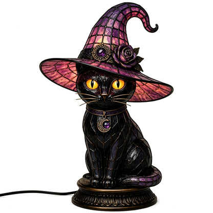🔥Exclusive Limited Item 👍🔥50%OFF🐈 Gothic Stained Acrylic Witch Black Cat Table Lamp | Halloween Witch Hat Night Light Decor