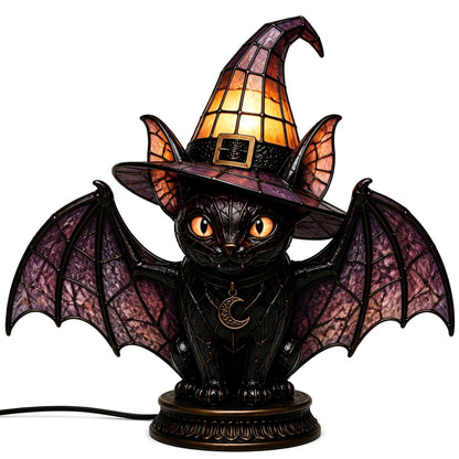 🔥Exclusive Limited Item 👍🔥50%OFF🐈 Gothic Stained Acrylic Witch Black Cat Table Lamp | Halloween Witch Hat Night Light Decor
