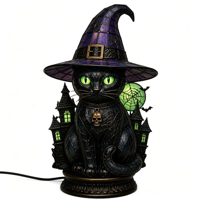 🔥Exclusive Limited Item 👍🔥50%OFF🐈 Gothic Stained Acrylic Witch Black Cat Table Lamp | Halloween Witch Hat Night Light Decor