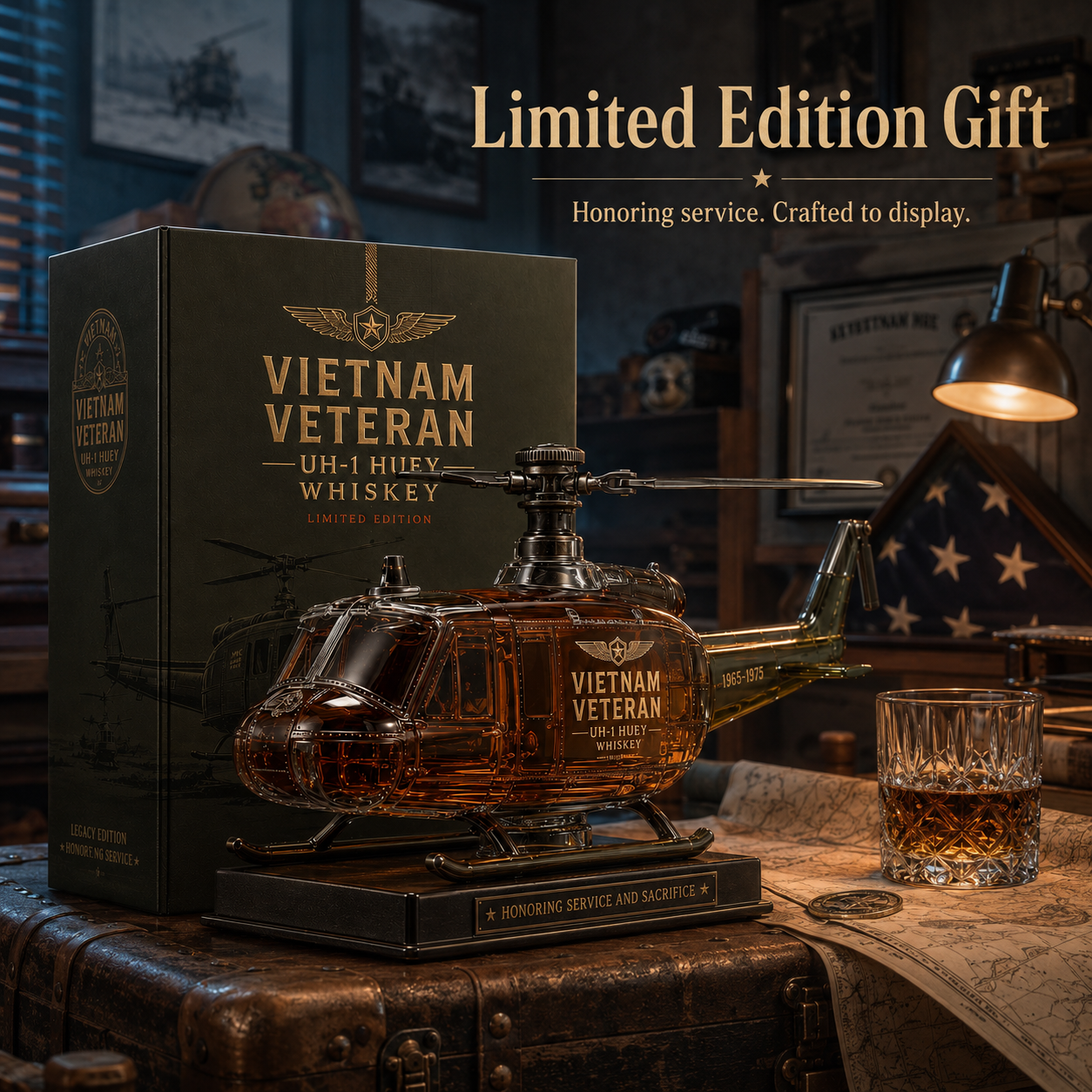 🎖️Vietnam Veteran UH-1 Huey Helicopter 1965-1975 Whiskey Bottle 🚁