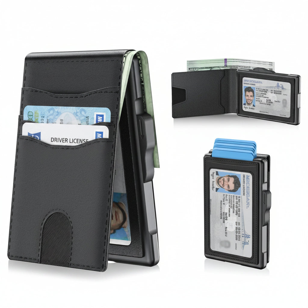 🔥Minimalist Pop-Up Wallet for Men – RFID Blocking Aluminum Card Holder with Cash Slot, ID Window & Leather Front Pocket