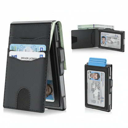 🔥Minimalist Pop-Up Wallet for Men – RFID Blocking Aluminum Card Holder with Cash Slot, ID Window & Leather Front Pocket