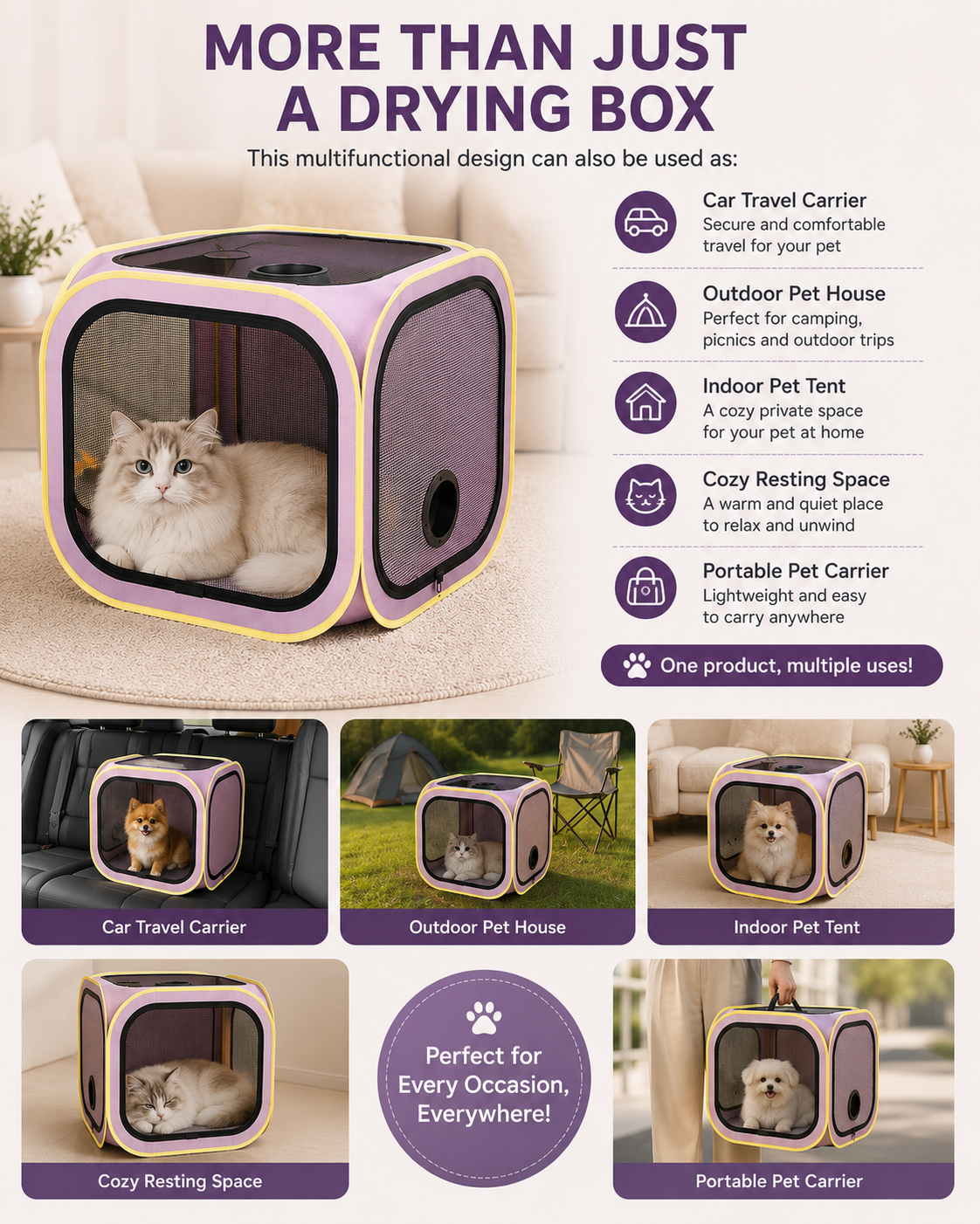 Foldable Dual-Vent Pet Dryer Box, Scratch Resistant Pet Drying Cage, Portable Pet Blow Dryer Tent for Home Bath Grooming SPA for Cats and Dogs