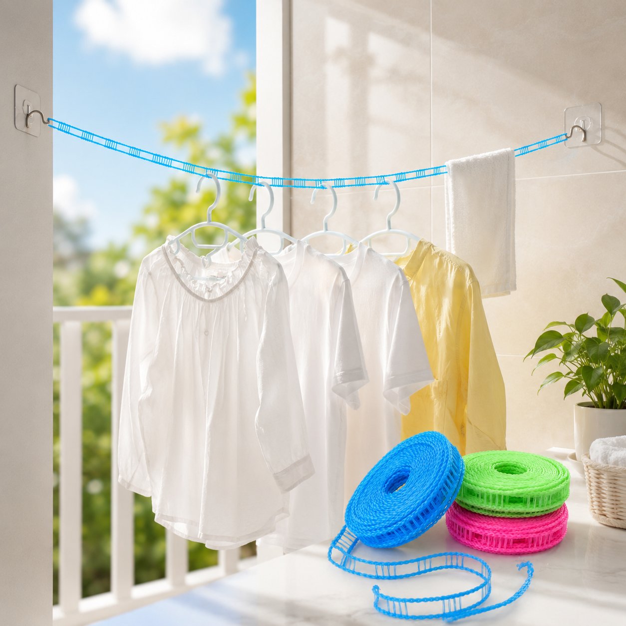 🔥Adjustable Windproof Clothesline with Hooks - Portable Heavy Duty Travel Laundry Line for Outdoor, Backyard, Camping & Indoor Drying