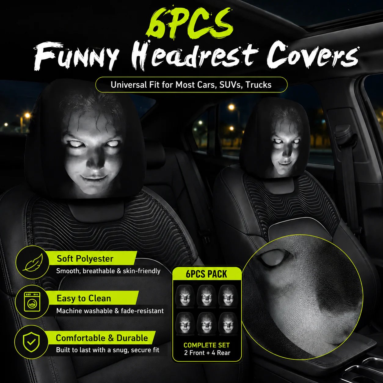 🔥😆 Funny Cartoon Car Headrest Covers – 2PCS Universal Fit  🚗