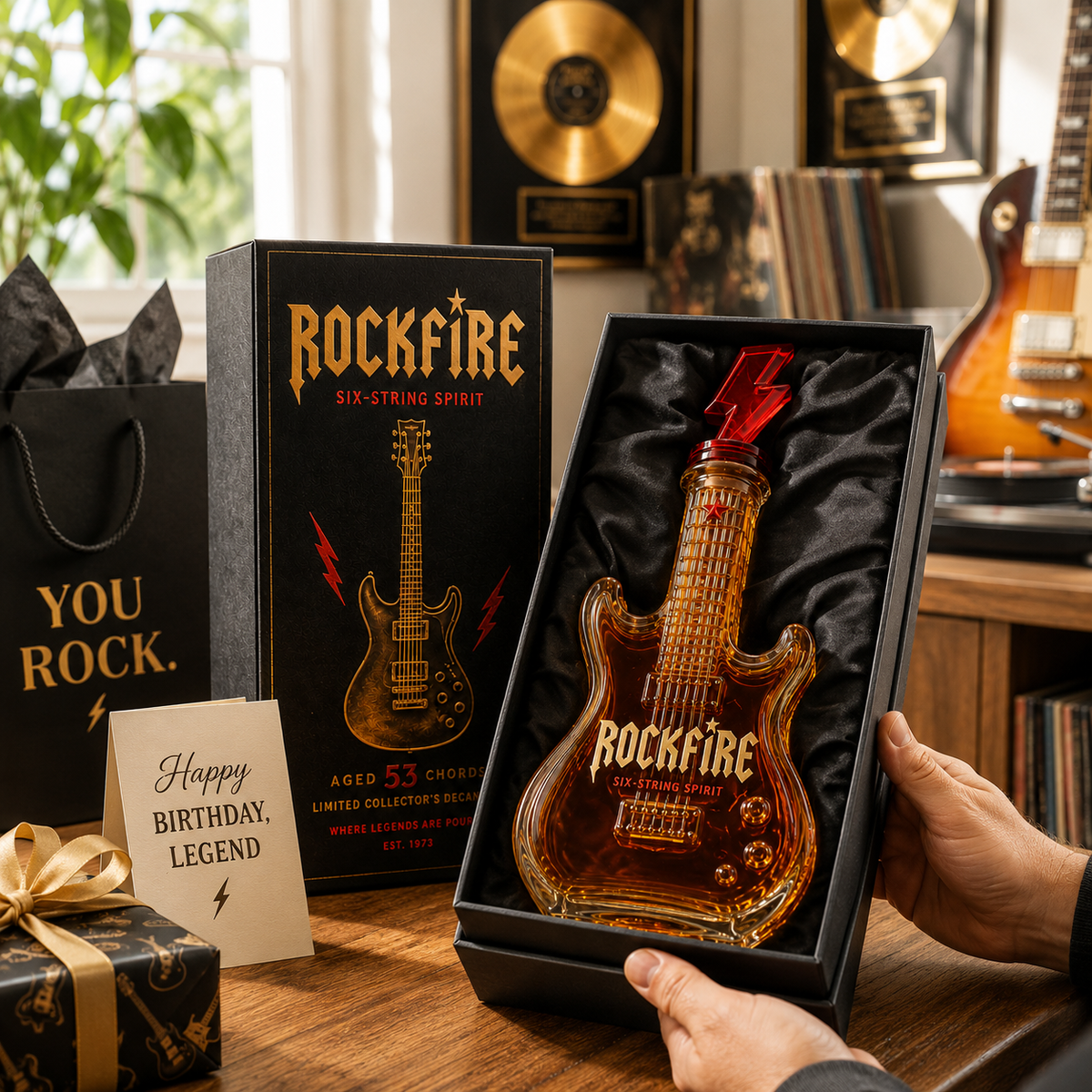 🎸Rockfire Six-String Spirit Guitar Whiskey Decanter – Rock & Roll Collector’s Edition
