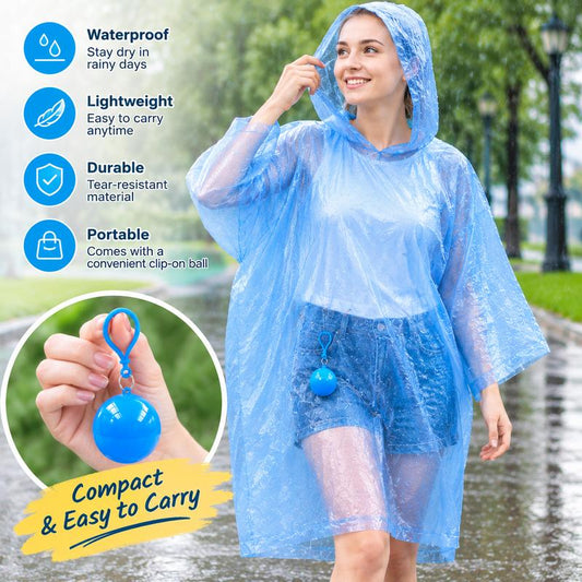 Hooded Disposable Rain Poncho, Waterproof Tear-Resistant Portable Raincoat with Keychain  Ball
