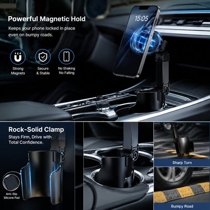 🔥Car Cup Holder Phone Mount – 360° adjustable, strong N52 magnet, one-handed operation, fits all phones, stable magnetic and clamp models for safe driving