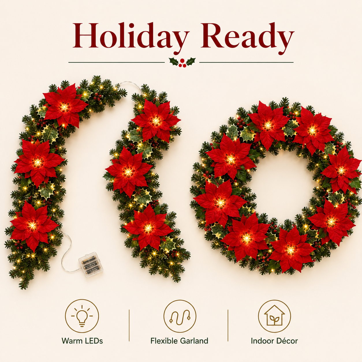 🎄✨Christmas Poinsettia LED Garland String Lights, Holiday Xmas Decor