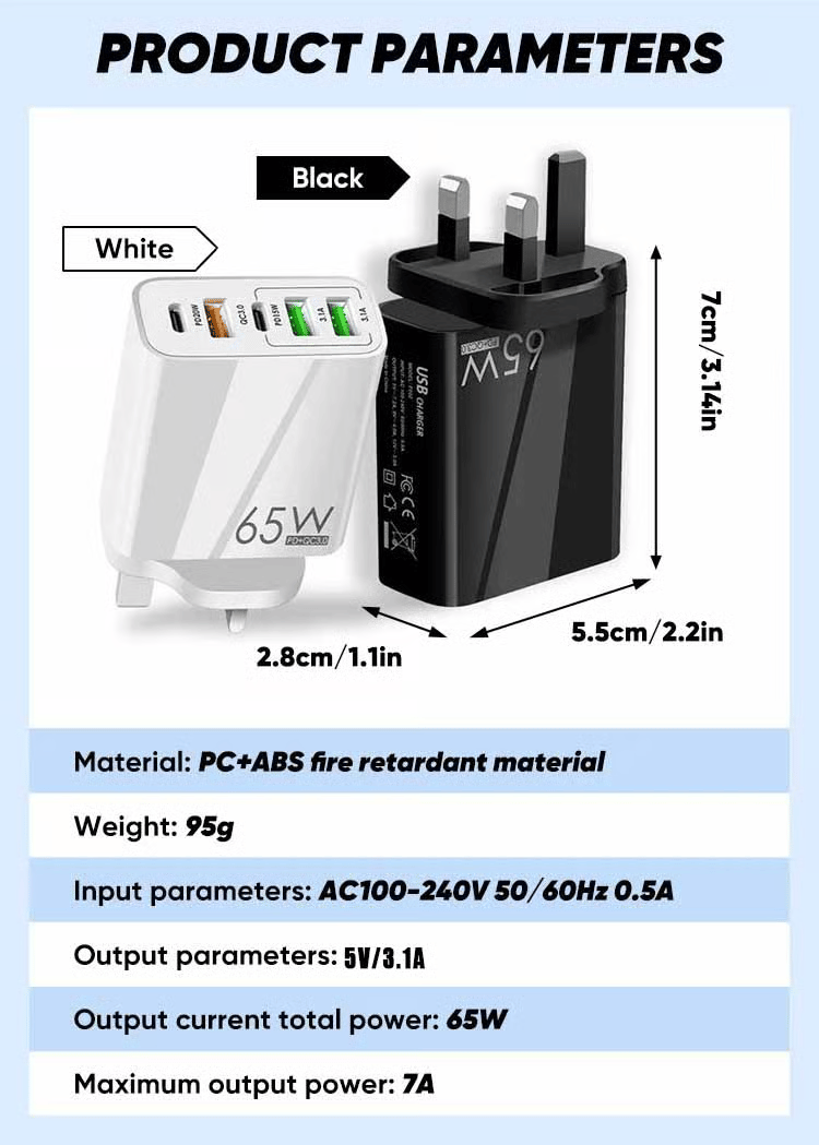 ⚡65W 5-Port Fast Charger｜PD QC Multi USB C Wall Charger