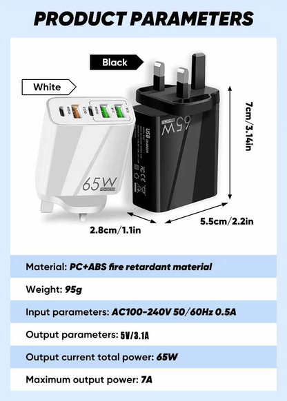 ⚡65W 5-Port Fast Charger｜PD QC Multi USB C Wall Charger