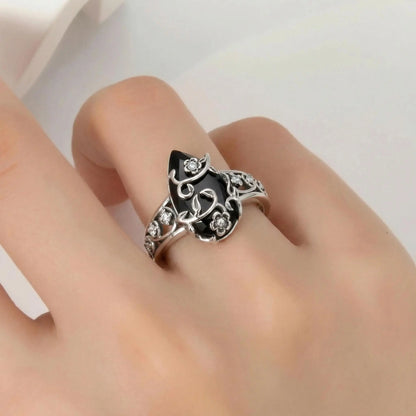 925 Sterling Silver Synthetic Obsidian Ring with Vintage Flower Design