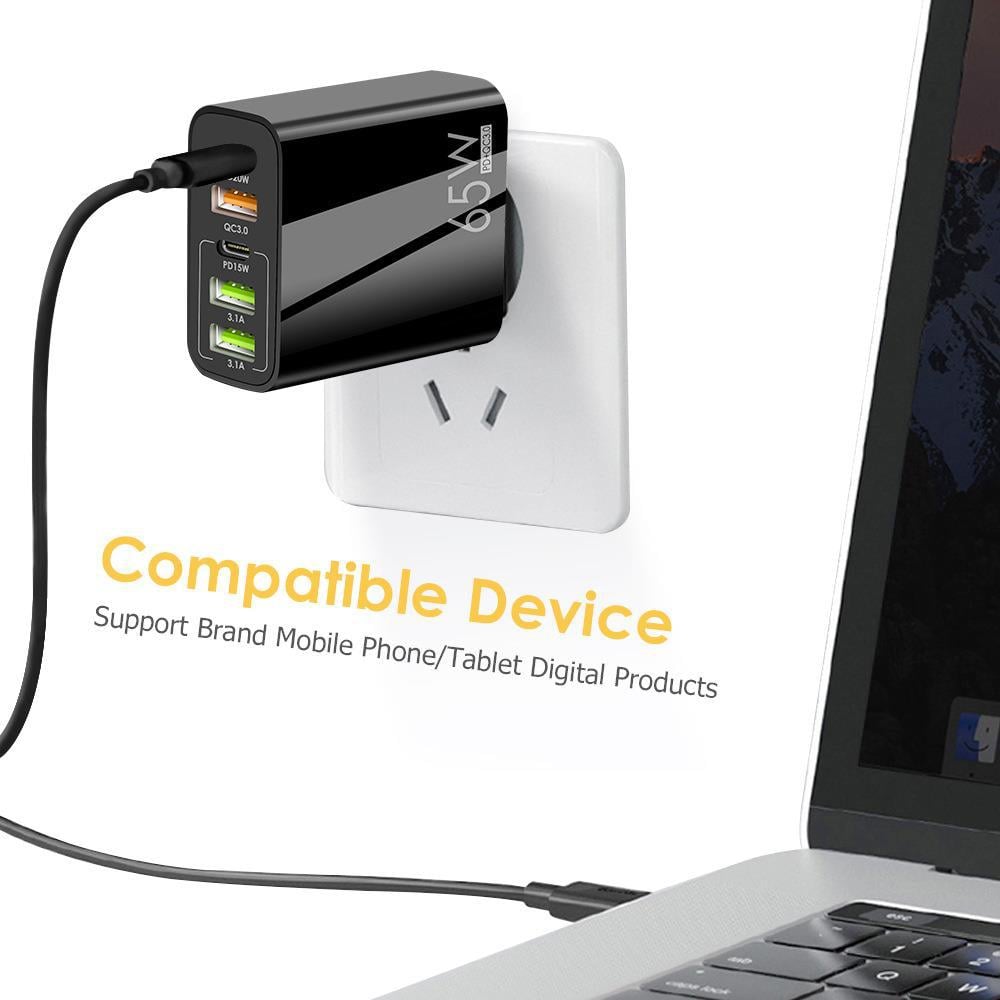 ⚡65W 5-Port Fast Charger｜PD QC Multi USB C Wall Charger